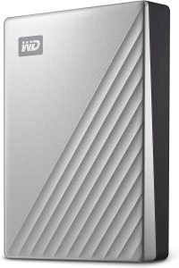 A silver external hard drive with a sleek design, featuring diagonal stripes.